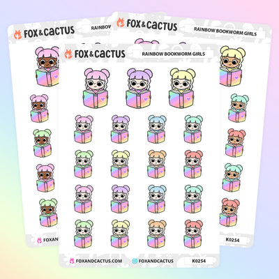Rainbow Bookworm Kawaii Girl Stickers by Fox and Cactus