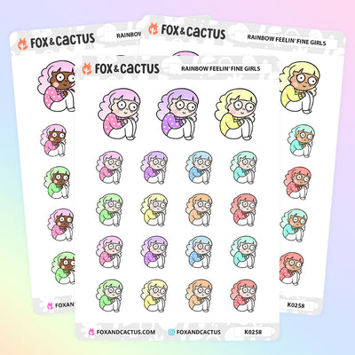 Rainbow Feelin' Fine Kawaii Girl Stickers by Fox and Cactus