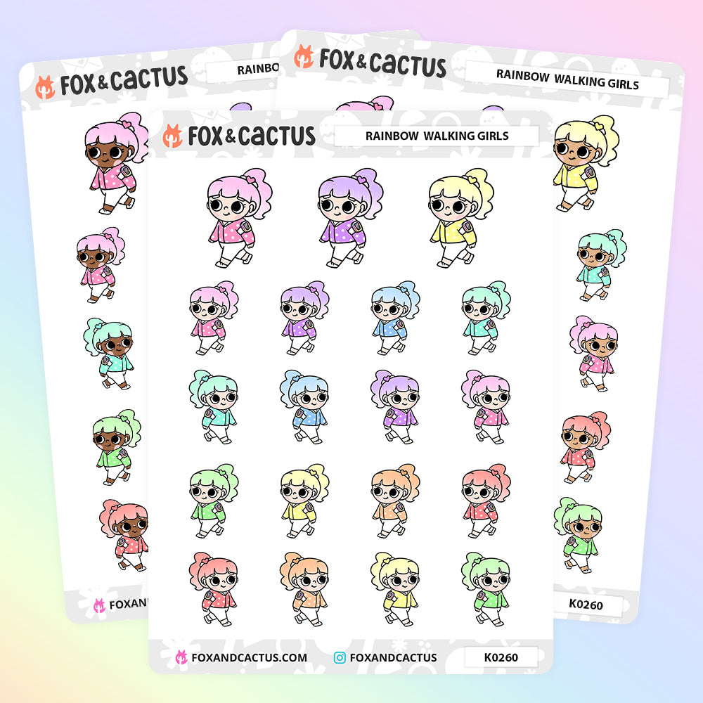 Rainbow Walking Kawaii Girl Stickers by Fox and Cactus