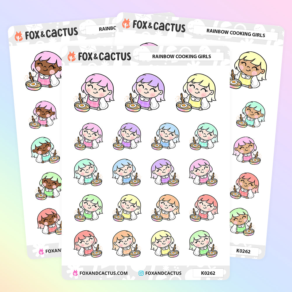 Rainbow Cooking Kawaii Girl Stickers by Fox and Cactus