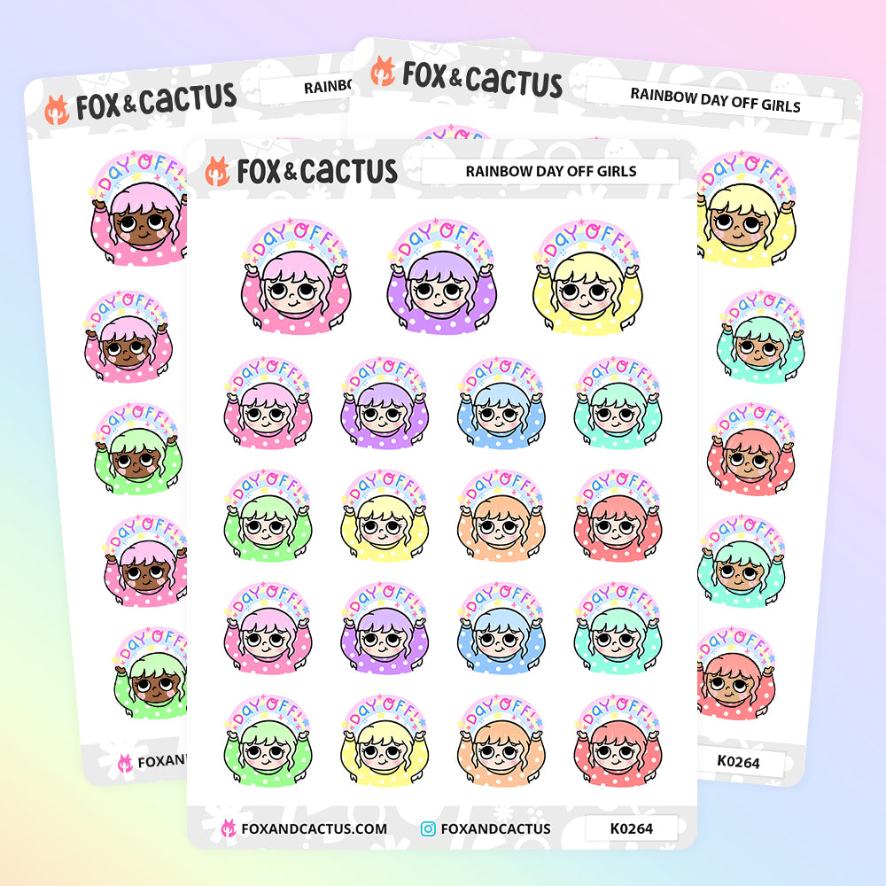Rainbow Day Off Kawaii Girl Stickers by Fox and Cactus