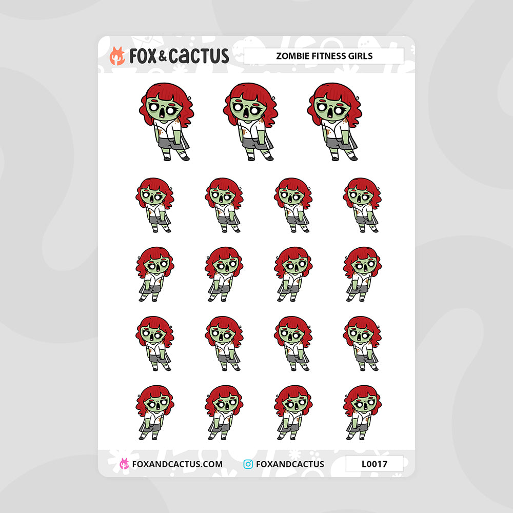 Zombie Fitness Kawaii Girl (Red Hair) Stickers by Fox and Cactus