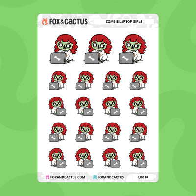 Zombie Laptop Kawaii Girl (Red Hair) Stickers by Fox and Cactus