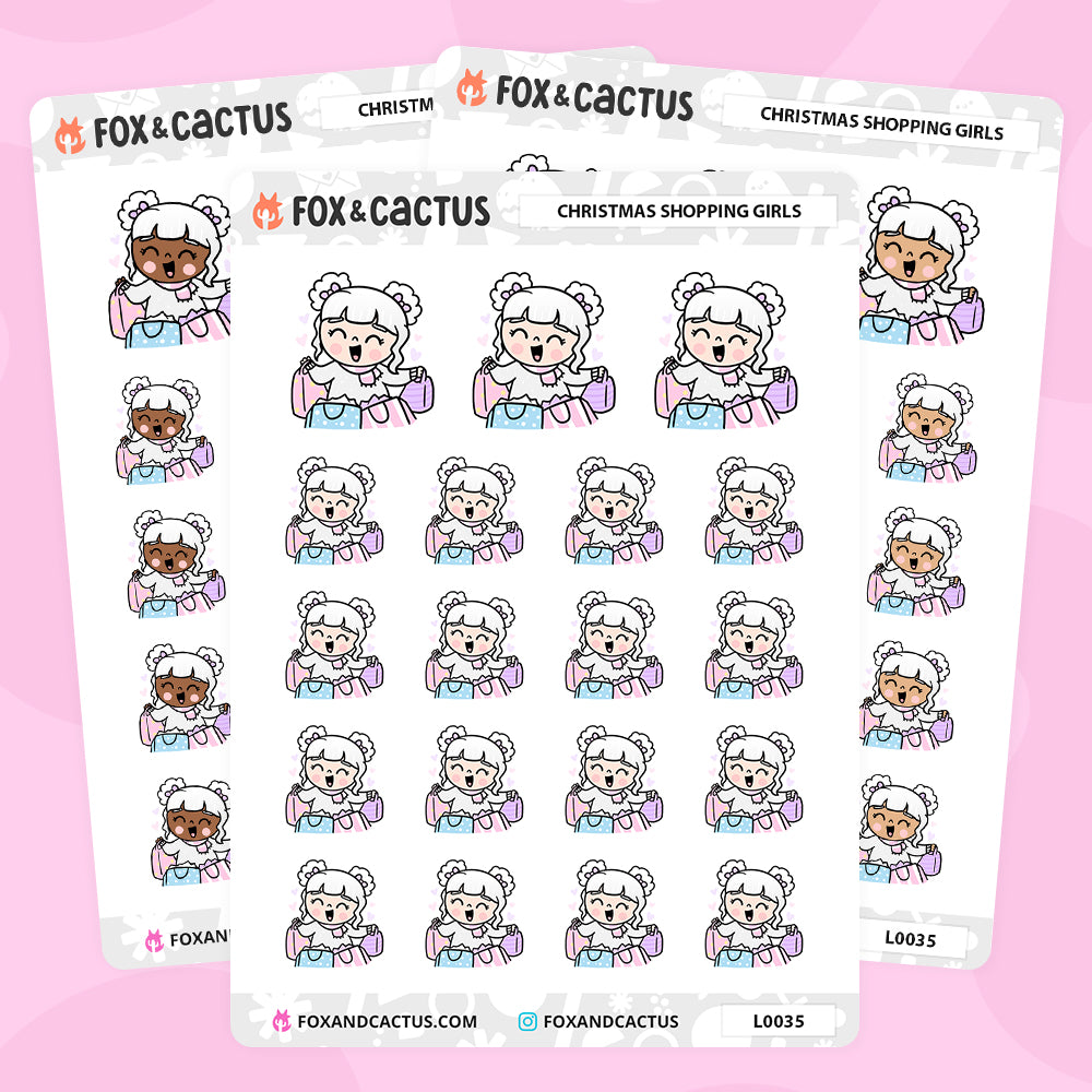 Christmas (Pastel) Shopping Kawaii Girl Stickers by Fox and Cactus