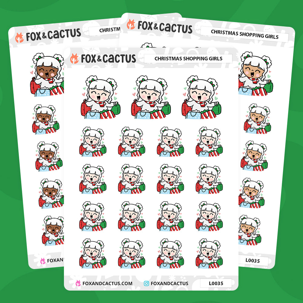 Christmas (Traditional) Shopping Kawaii Girl Stickers by Fox and Cactus