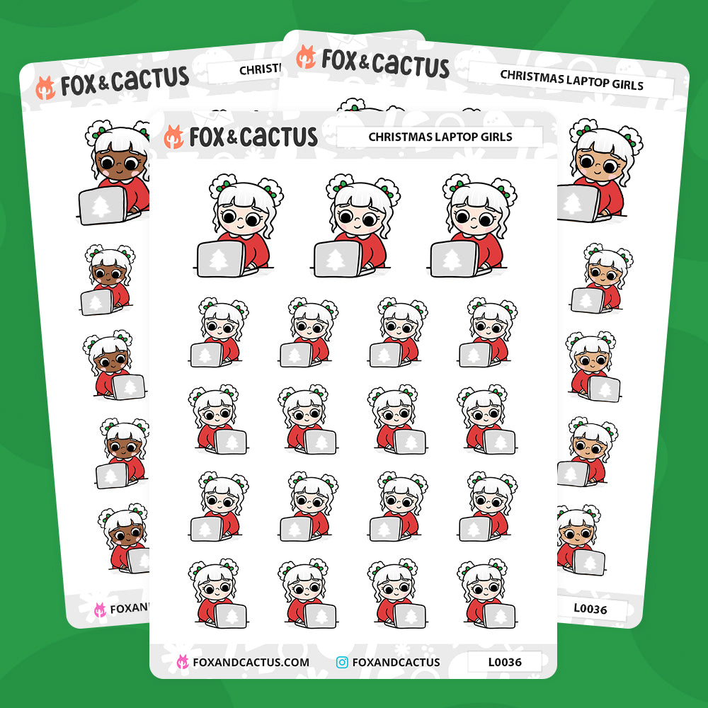 Christmas (Traditional) Laptop Kawaii Girl Stickers by Fox and Cactus