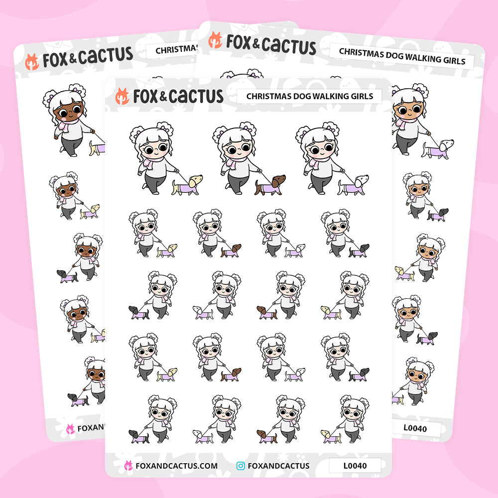 Christmas (Pastel) Dog Walking Kawaii Girl Stickers by Fox and Cactus