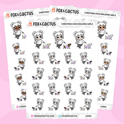 Christmas (Pastel) Dog Walking Kawaii Girl Stickers by Fox and Cactus