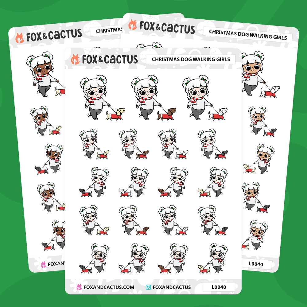 Christmas (Traditional) Dog Walking Kawaii Girl Stickers by Fox and Cactus
