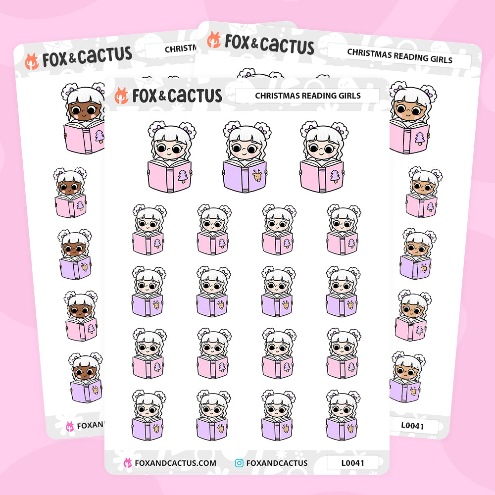 Christmas (Pastel) Reading Kawaii Girl Stickers by Fox and Cactus