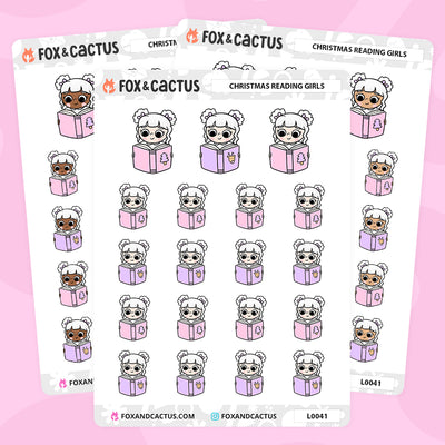 Christmas (Pastel) Reading Kawaii Girl Stickers by Fox and Cactus