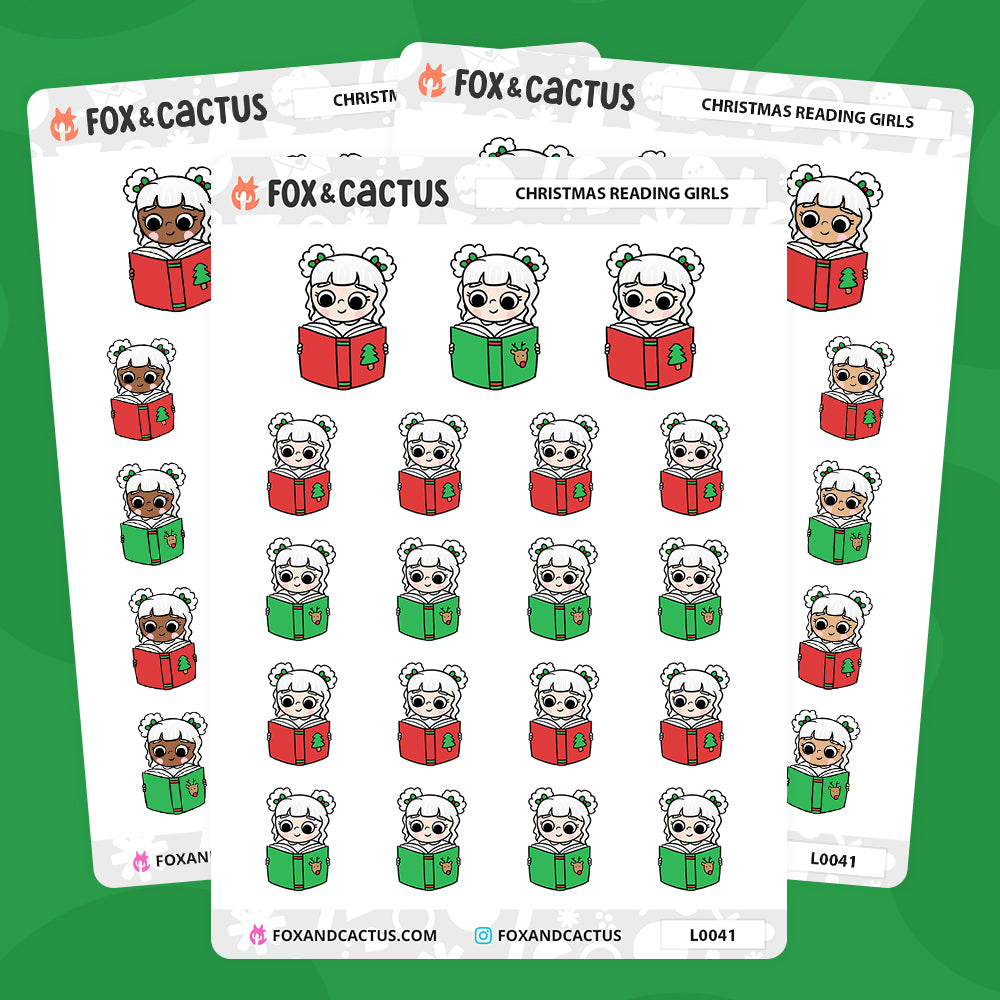 Christmas (Traditional) Reading Kawaii Girl Stickers by Fox and Cactus