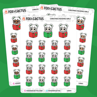 Christmas (Traditional) Reading Kawaii Girl Stickers by Fox and Cactus