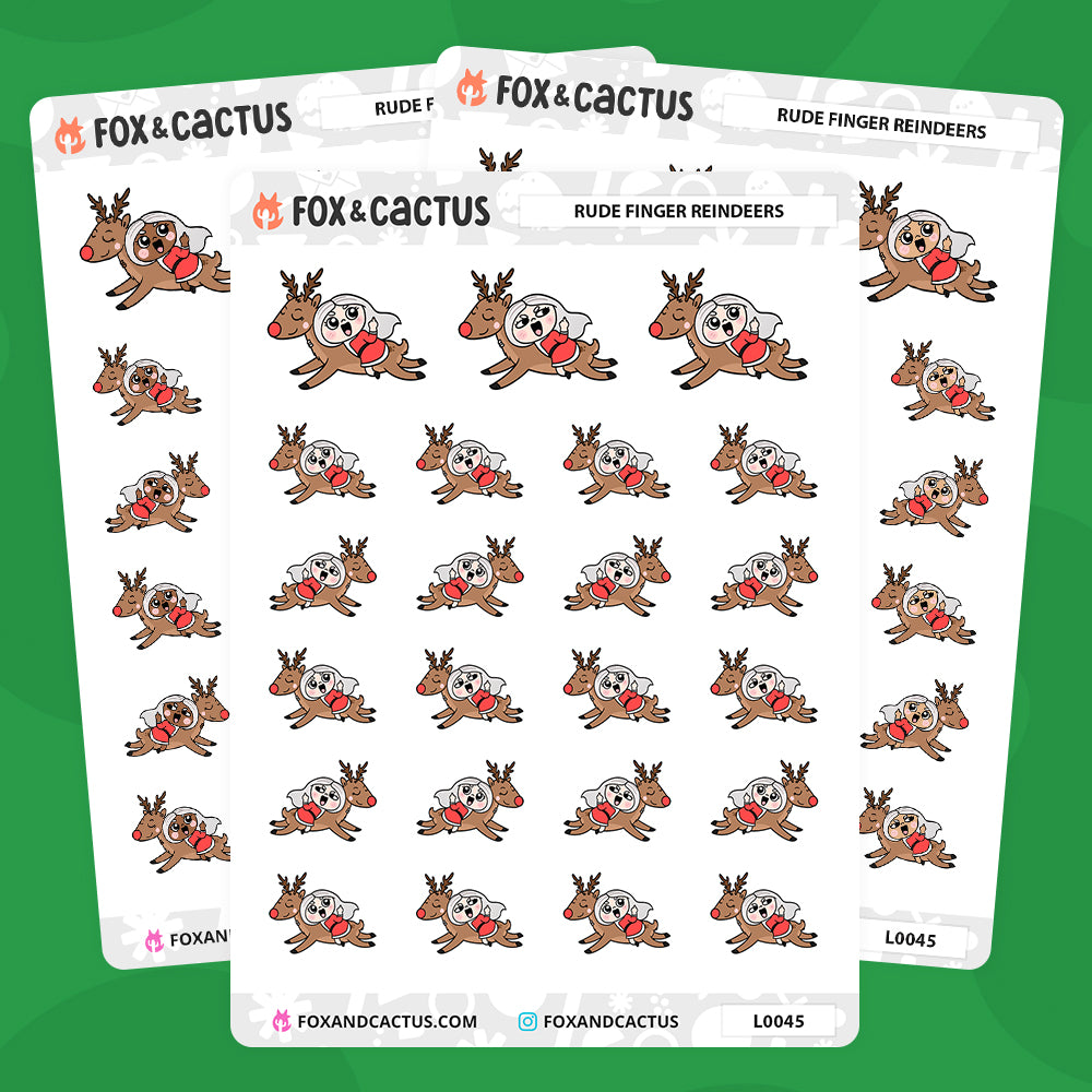 Rude Finger Reindeer Kawaii Girl Stickers by Fox and Cactus