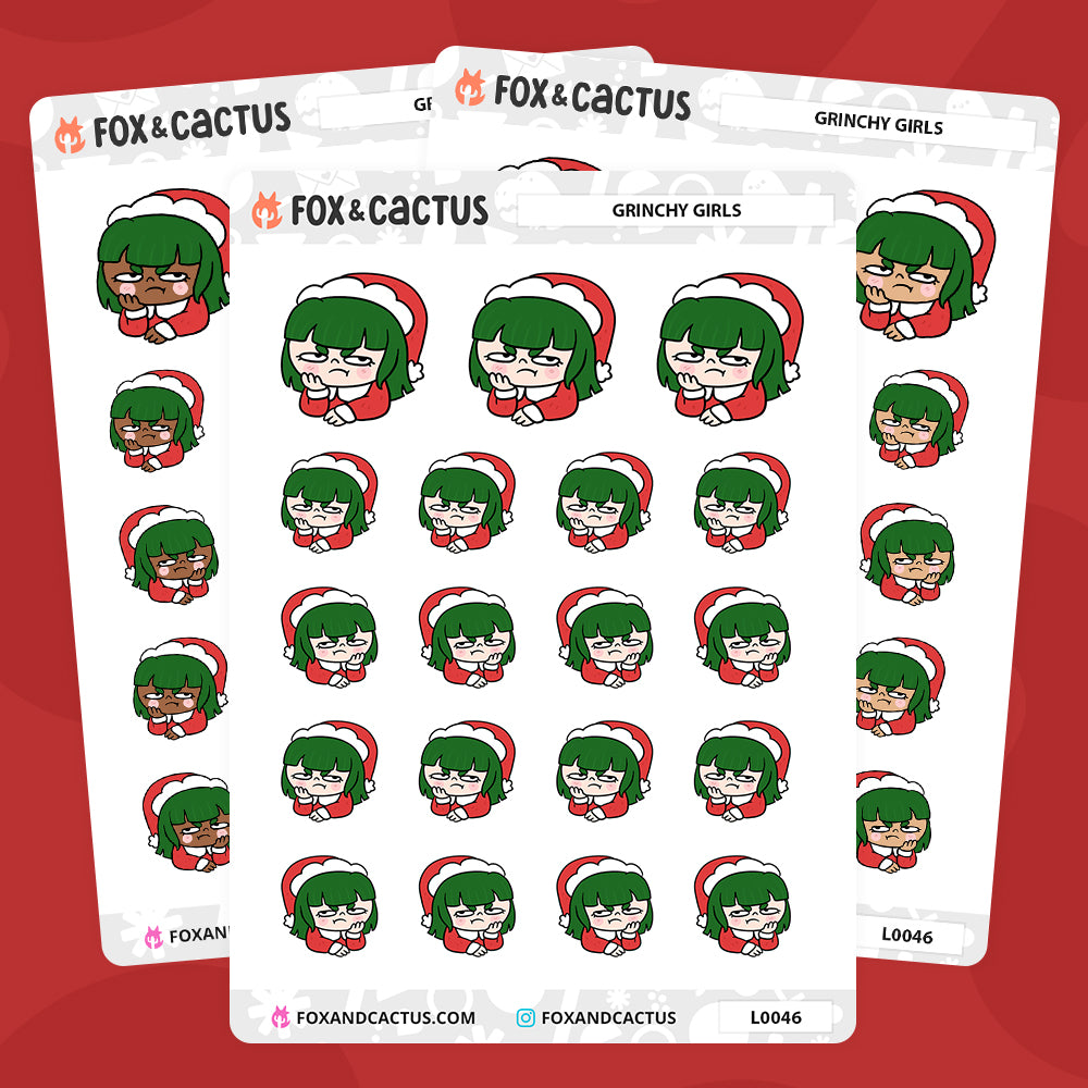Grinchy Kawaii Girl Stickers by Fox and Cactus
