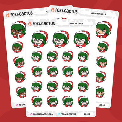 Grinchy Kawaii Girl Stickers by Fox and Cactus