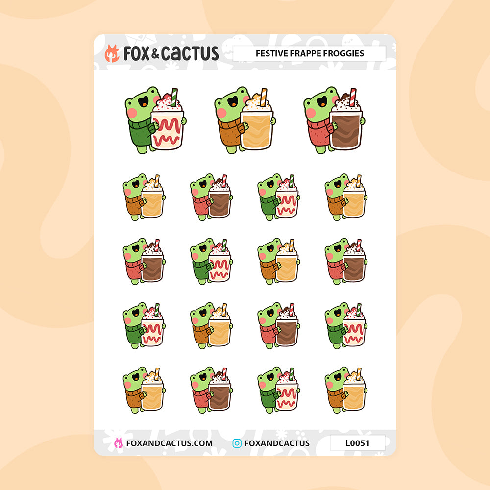 Festive Froggy Frappe Stickers by Fox and Cactus
