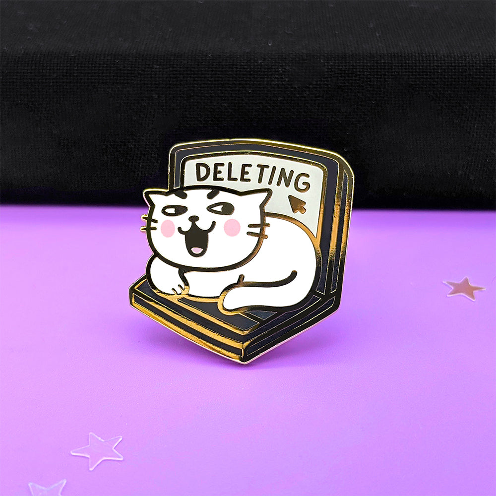Deleting Laptop Cat (Black) Enamel Pin by Fox and Cactus