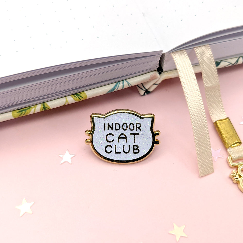 Indoor Cat Club (White) Enamel Pin by Fox and Cactus