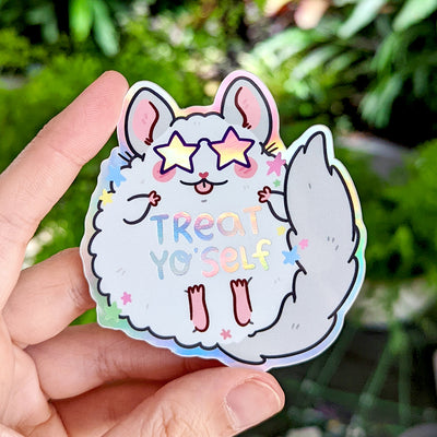 Treat Yo' Self Chinchilla Holographic Vinyl Die Cut Sticker by Fox and Cactus