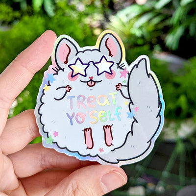 Treat Yo' Self Chinchilla Holographic Vinyl Die Cut Sticker by Fox and Cactus