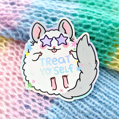 Treat Yo' Self Chinchilla Holographic Vinyl Die Cut Sticker by Fox and Cactus